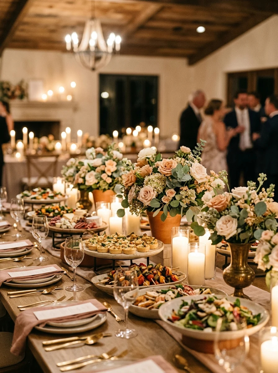 Mesa de banquete e recepção decorada com flores, velas e gastronomia refinada